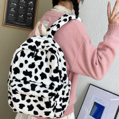 Vintage Women Animal Cow Pattern School Bags Soft Plush Student Backpack