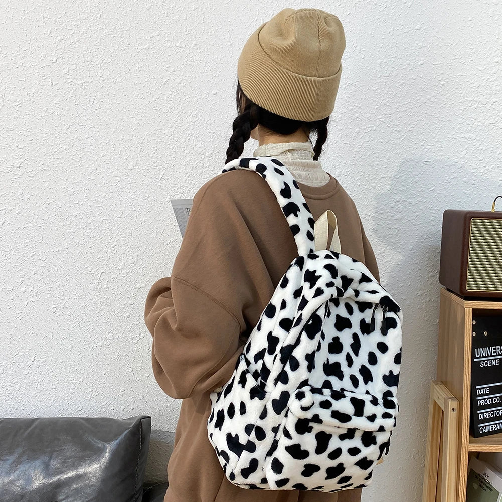 Vintage Women Animal Cow Pattern School Bags Soft Plush Student Backpack