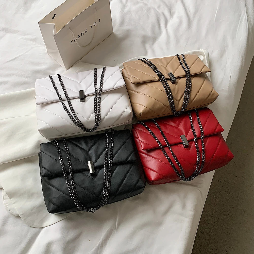 Vintage Women Casual Bag PU Leather Solid Chain Shoulder Messenger
