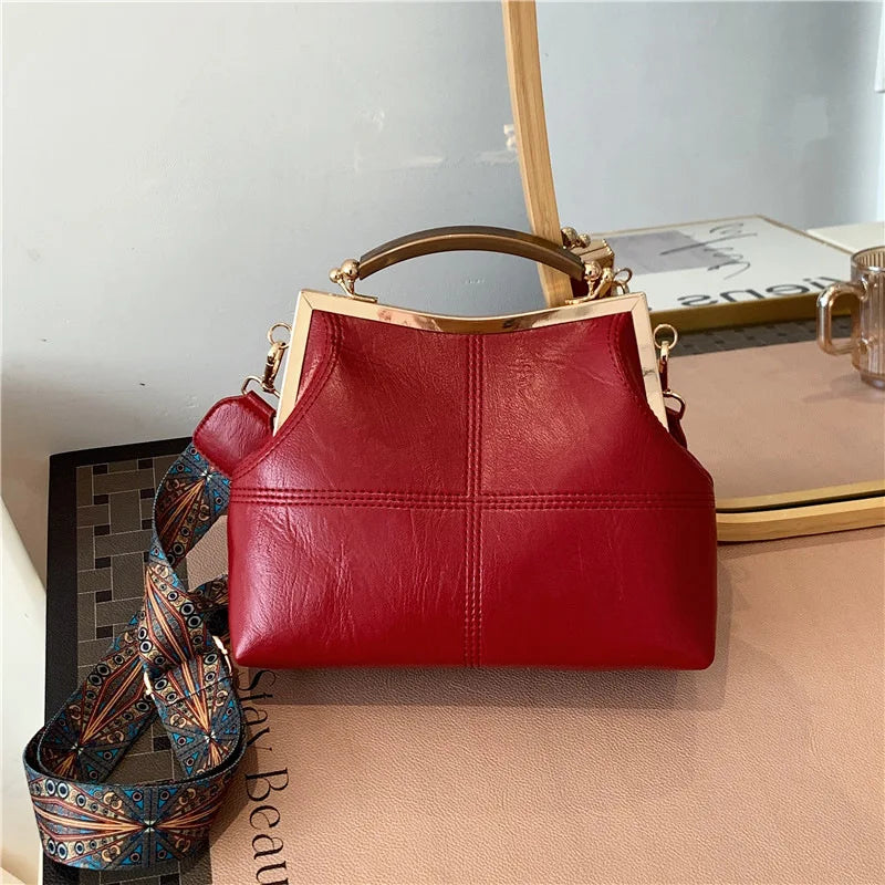 Vintage PU Leather Crossbody Bag Wide Strap Handbag Plaid Clip Purse