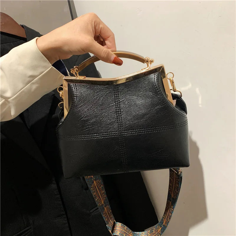 Vintage PU Leather Crossbody Bag Wide Strap Handbag Plaid Clip Purse