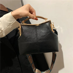 Vintage PU Leather Crossbody Bag Wide Strap Handbag Plaid Clip Purse