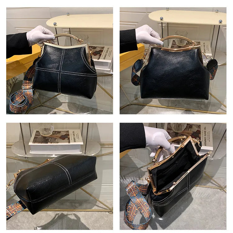 Vintage PU Leather Crossbody Bag Wide Strap Handbag Plaid Clip Purse