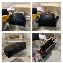 Vintage PU Leather Crossbody Bag Wide Strap Handbag Plaid Clip Purse