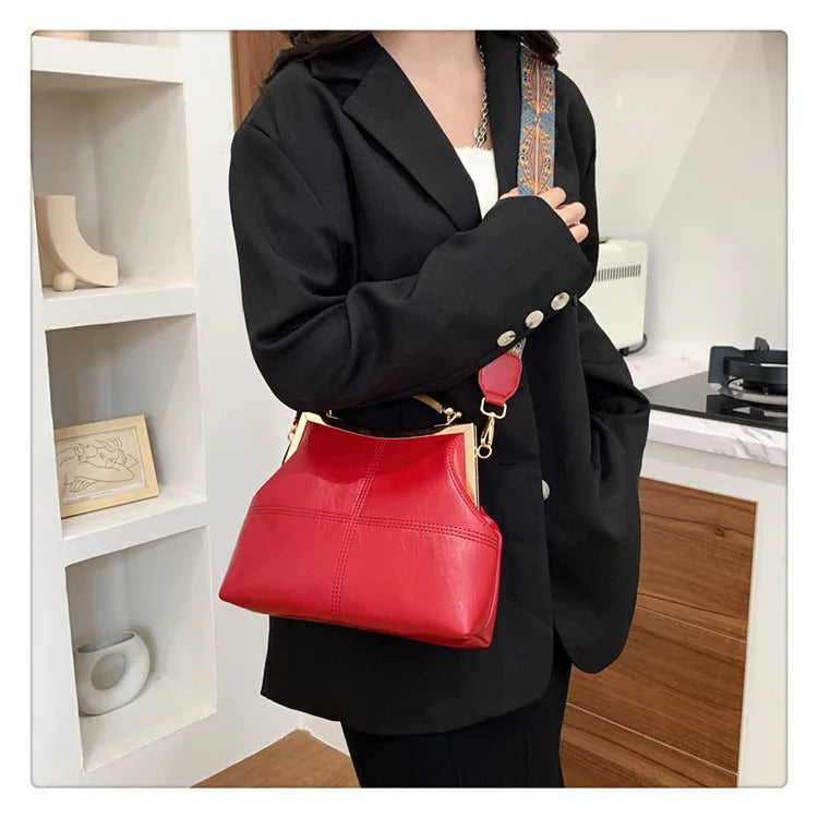 Vintage PU Leather Crossbody Bag Wide Strap Handbag Plaid Clip Purse