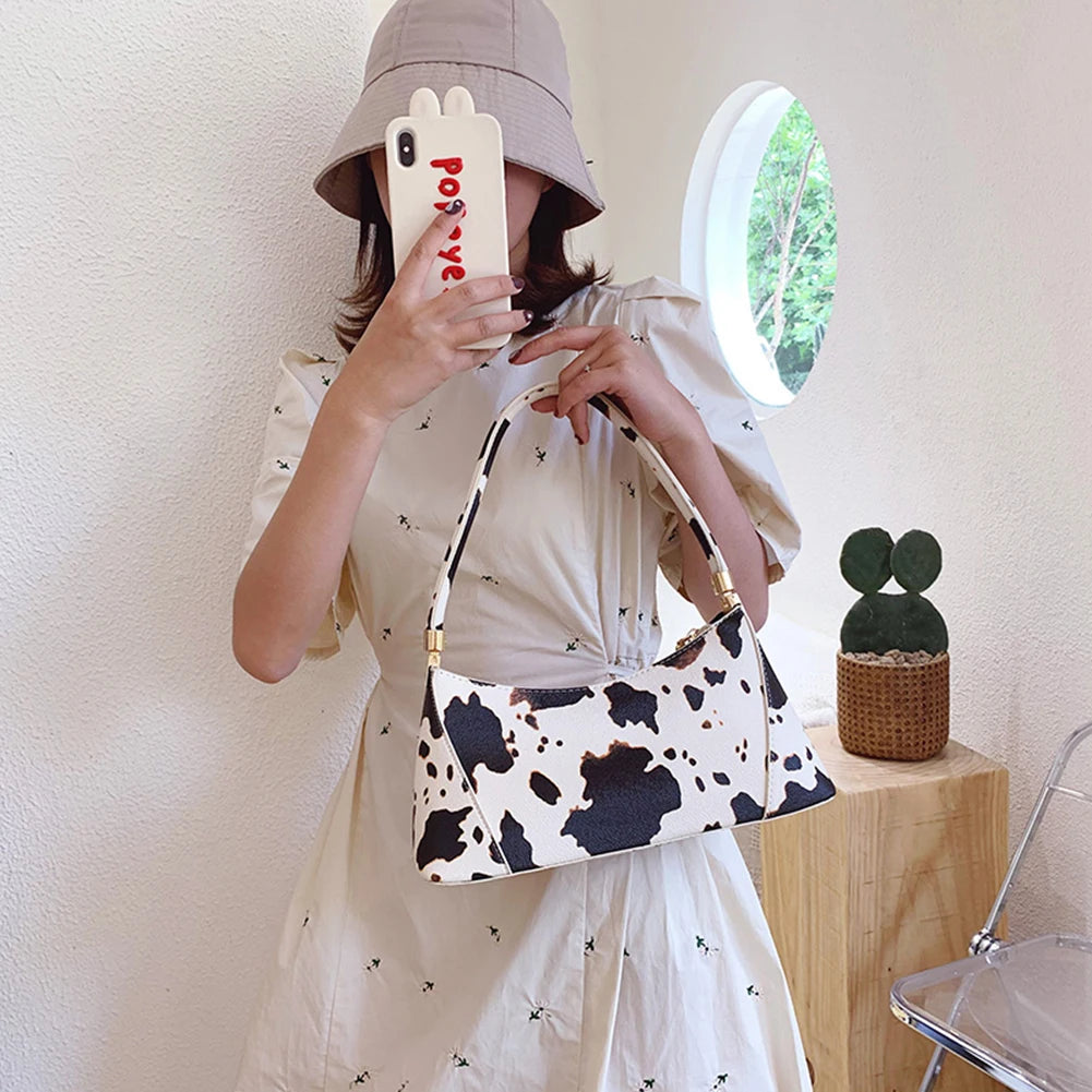 Vintage Cow Milk Handbag Bamboo Handle Big Capacity Tote Shopping Bag