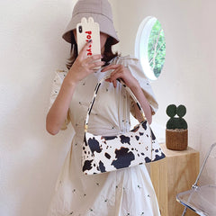 Vintage Cow Milk Handbag Bamboo Handle Big Capacity Tote Shopping Bag