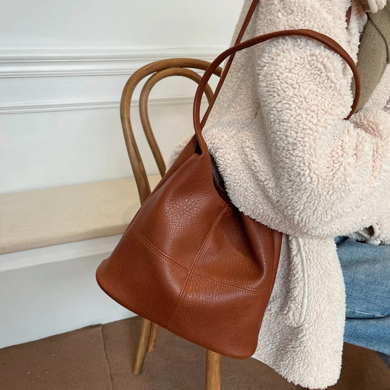 Vintage Women Hobo Bags High Soft Leather Bucket Bag Casual Patchwork Handbag