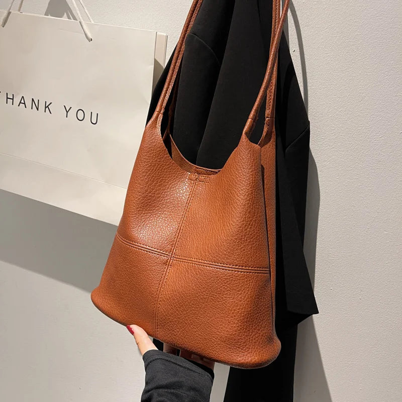 Vintage Women Hobo Bags High Soft Leather Bucket Bag Casual Patchwork Handbag