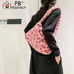 Vintage Women Leopard Plush Print Shoulder Bag