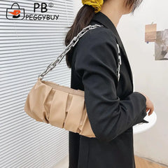 Vintage Women PU Leather Pleated Shoulder Bag Acrylic Thick Chain Handbag