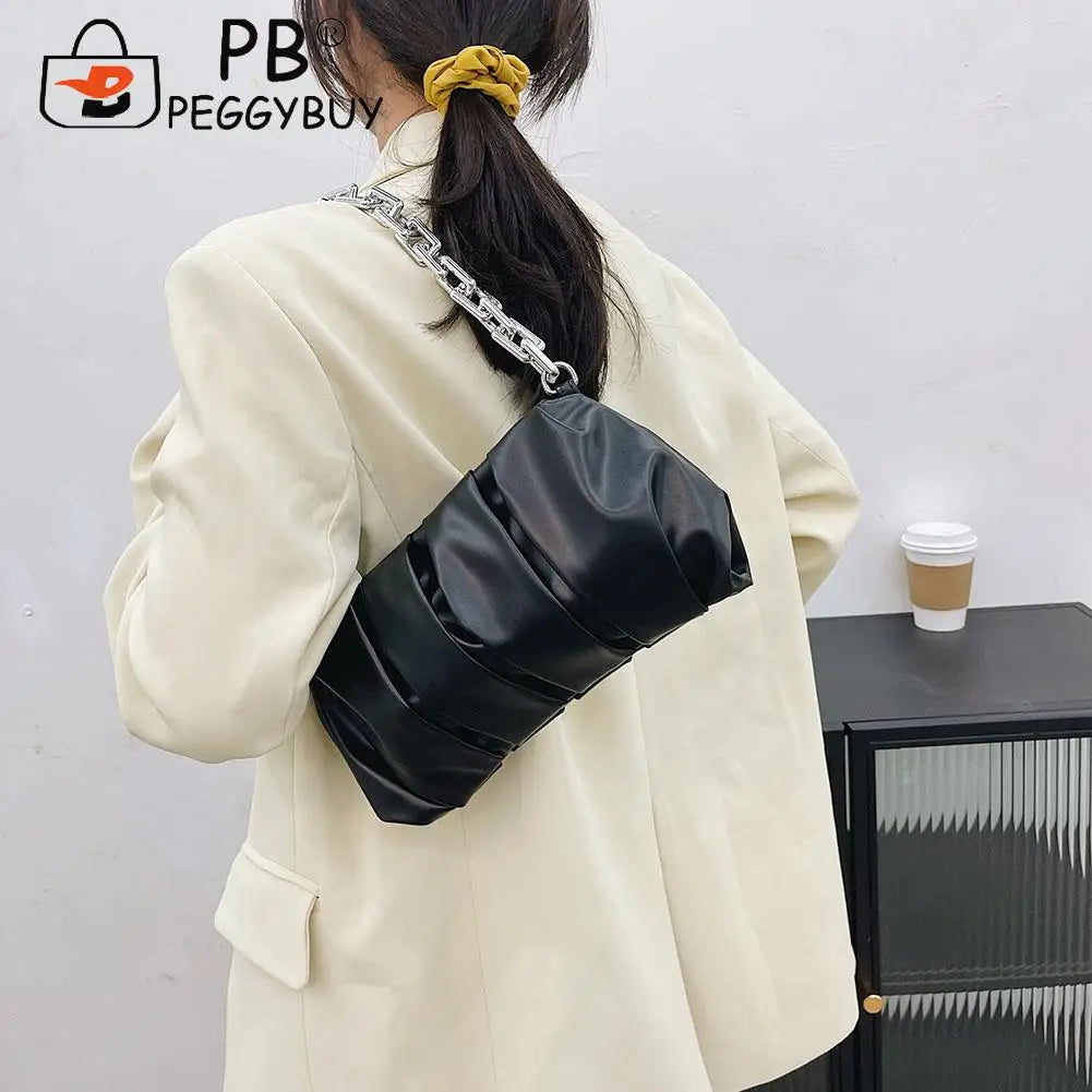 Vintage Women PU Leather Pleated Shoulder Bag Acrylic Thick Chain Handbag