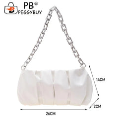 Vintage Women PU Leather Pleated Shoulder Bag Acrylic Thick Chain Handbag