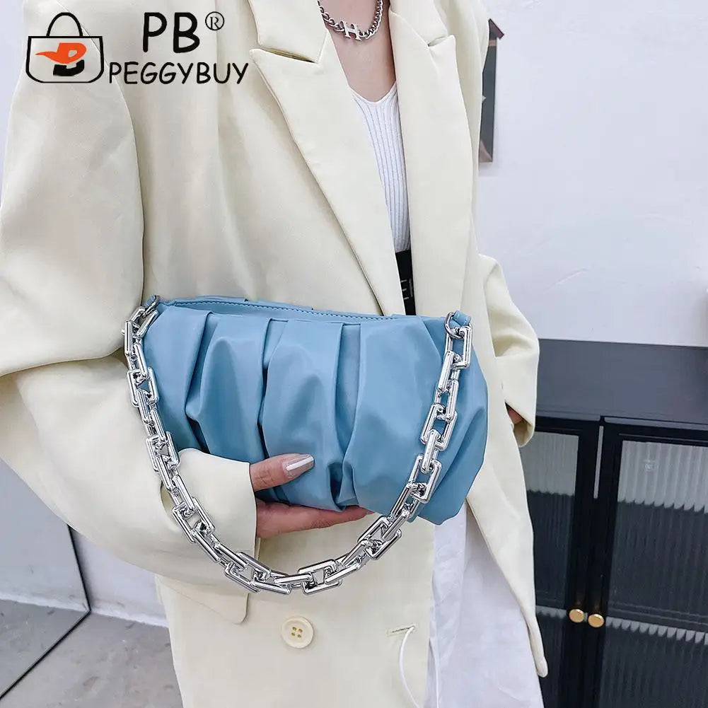Vintage Women PU Leather Pleated Shoulder Bag Acrylic Thick Chain Handbag