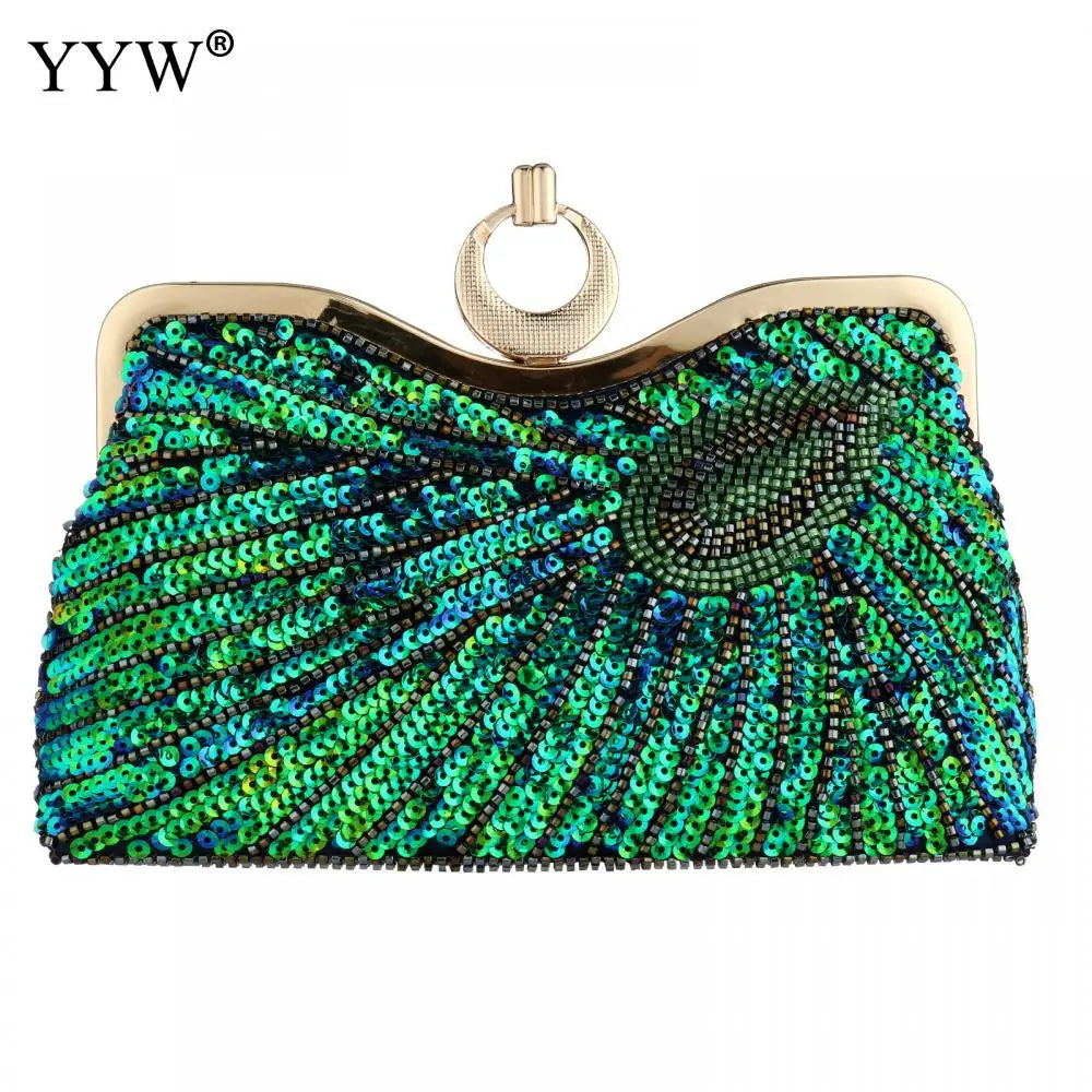 Vintage Peacock Pattern Sequins Beaded Bridal Clutch