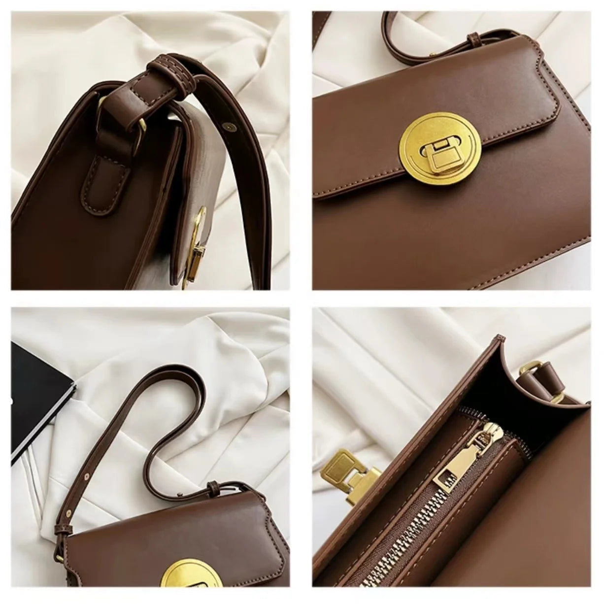 Vintage Small Square Bag PU Leather Flap Handbag Solid Shoulder Purse