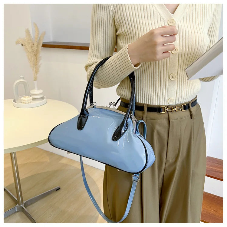 Vintage Women Shell Handbag Kiss Lock PU Leather Clip Bags