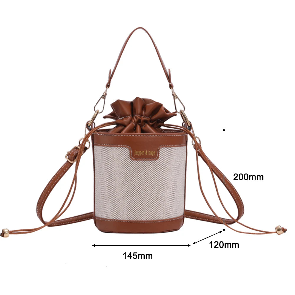 Vintage PU Leather Bucket Crossbody Bag Mini Drawstring Handbag