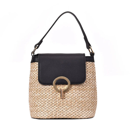 Vintage Women Shoulder Woven Straw Beach Bucket Bag
