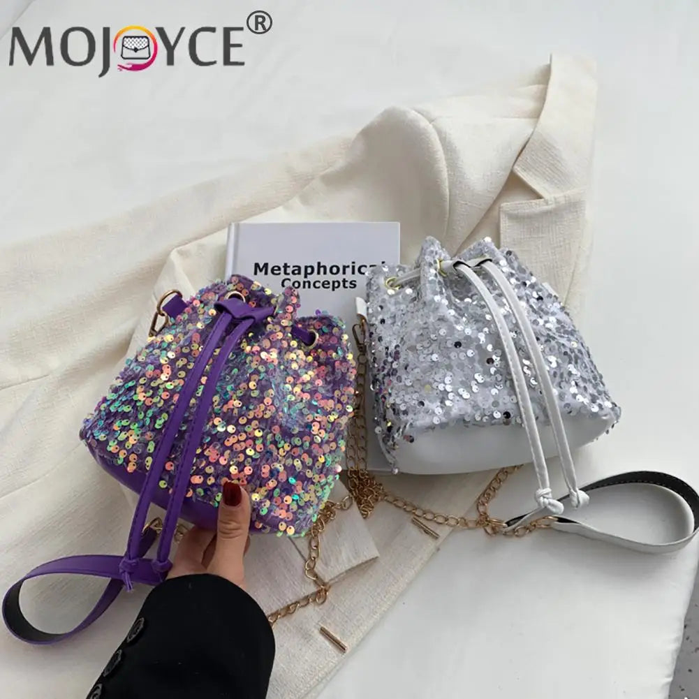 Vintage Women Top-Handle Bag Sequins Drawstring Solid Shoulder Bag