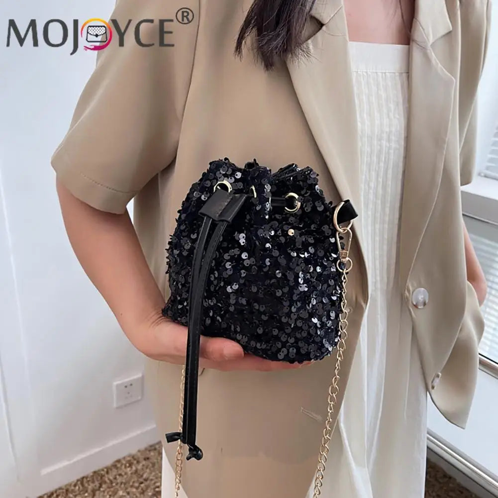 Vintage Women Top-Handle Bag Sequins Drawstring Solid Shoulder Bag