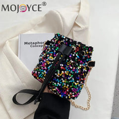 Vintage Women Top-Handle Bag Sequins Drawstring Solid Shoulder Bag
