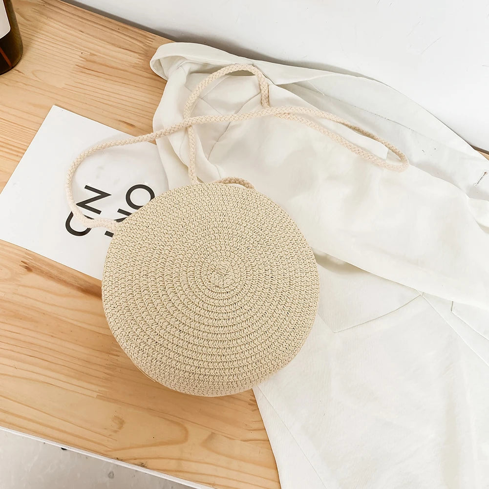 Vintage Women Woven Pure Shoulder Bag Ladies Beach Round Crossbody Bags