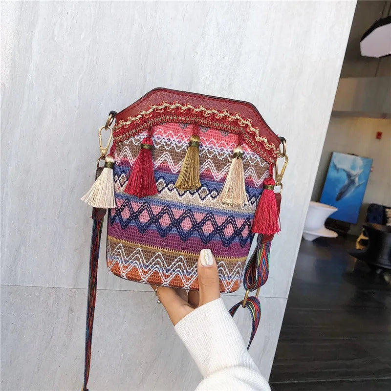 Vintage Tassel Ethnic Handwoven Crossbody Bag for Lady Sling Shoulder Bags