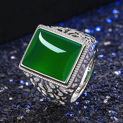 Vintage Green Jade Gemstone Ring for Men Silver Jewelry