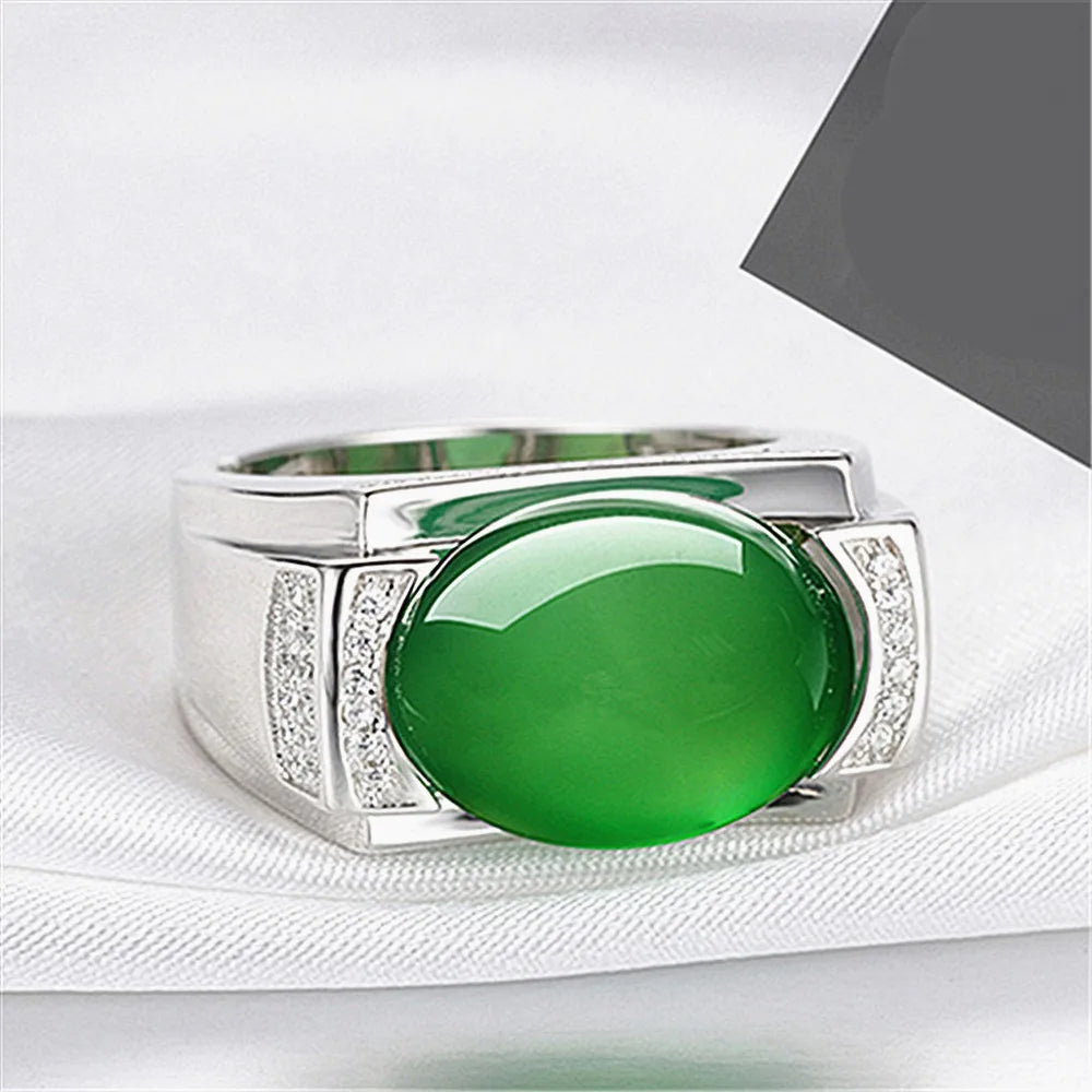 Vintage Emerald Agate Green Jade Gemstones Diamonds Rings for Men Silver Jewelry