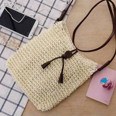 Vintage Crochet Messenger Bag Straw Woven Tassels Shoulder Bag