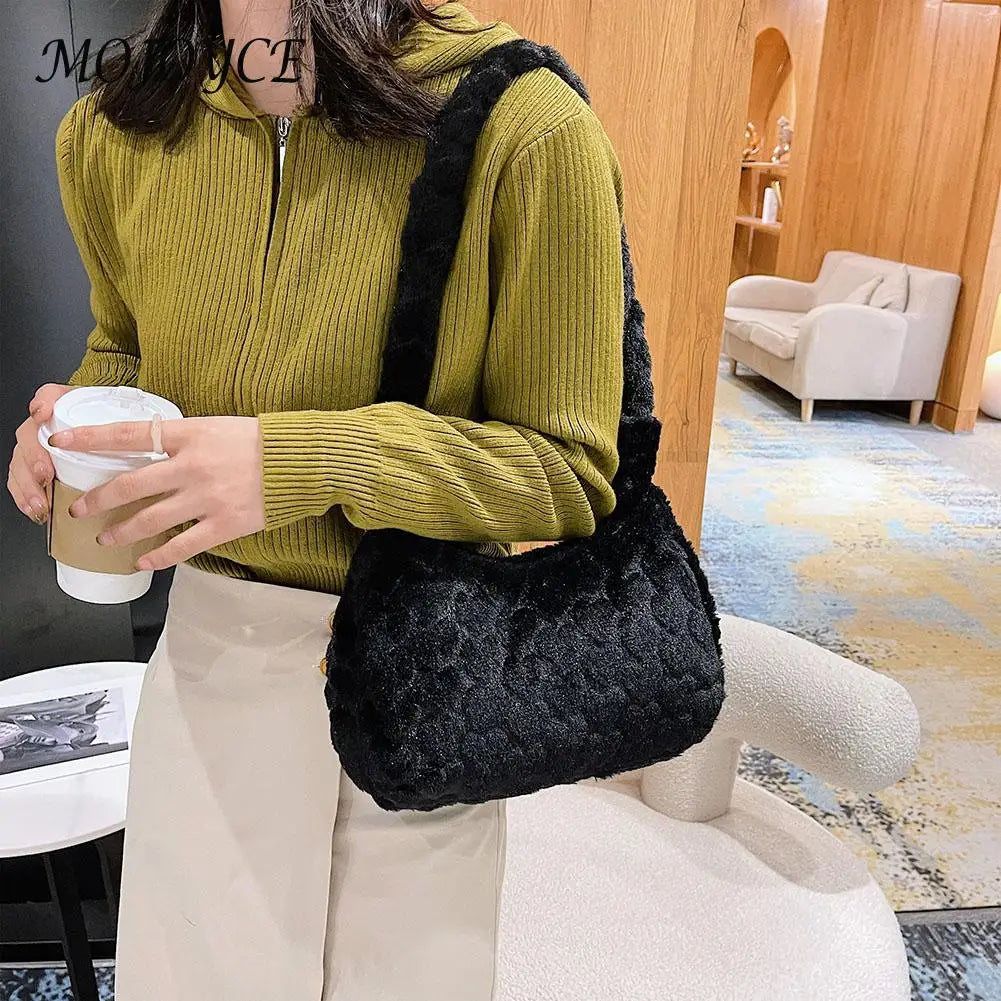 Vintage Plush Fur Flower Shoulder Bag Winter Casual Small Armpit Bag