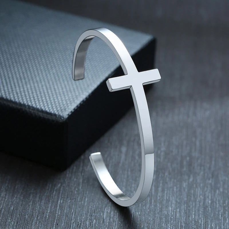 Stainless Steel Cross Cuff Bangle Bracelet 4MM Wide