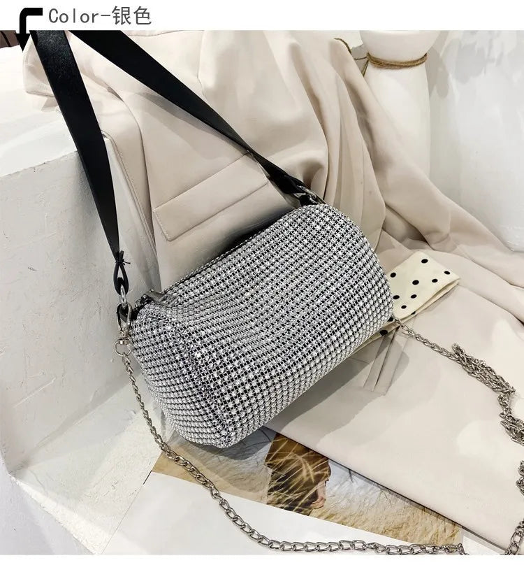 Autumn Rhinestone Women's Bucket Bag Light Diamond Handbags Chain Messenger Bag