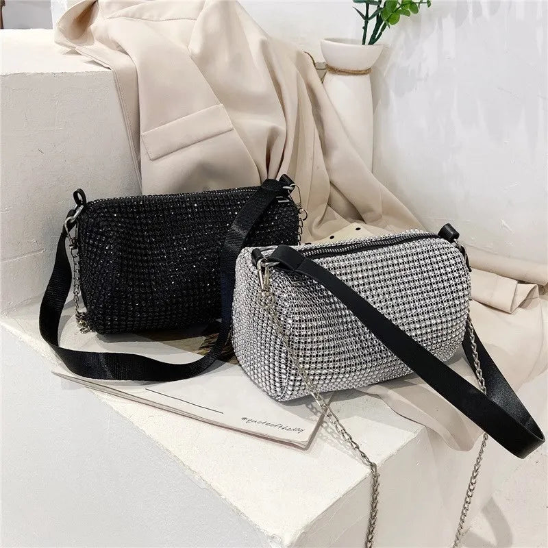 Autumn Rhinestone Women's Bucket Bag Light Diamond Handbags Chain Messenger Bag