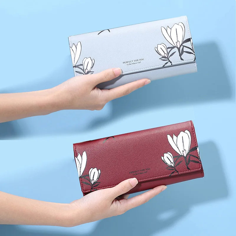 WEICHEN Flower Print Long Wallet Women PU Leather Female Wallets