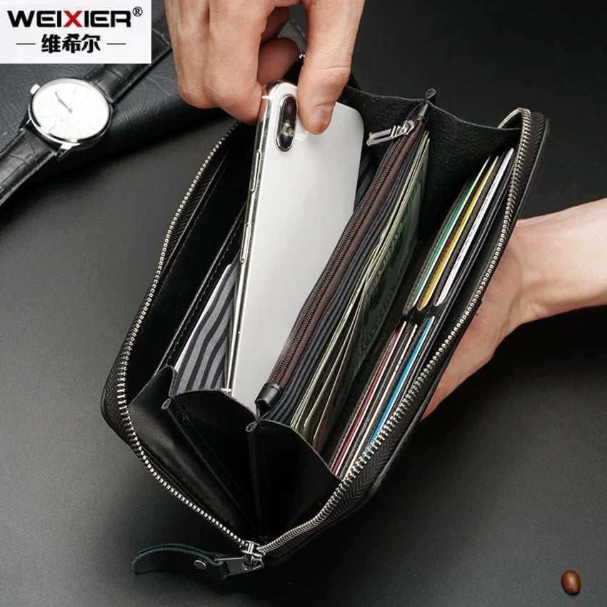 WEIXIER RFID Blocking Leather Wallet Men's Vintage Long Business Purse