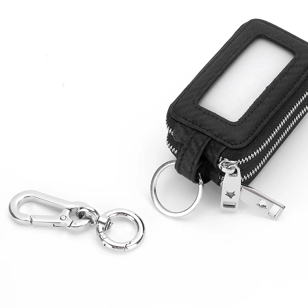 Carbon Fiber Textured Leather Key Holder Double Zipper Keychain Wallet