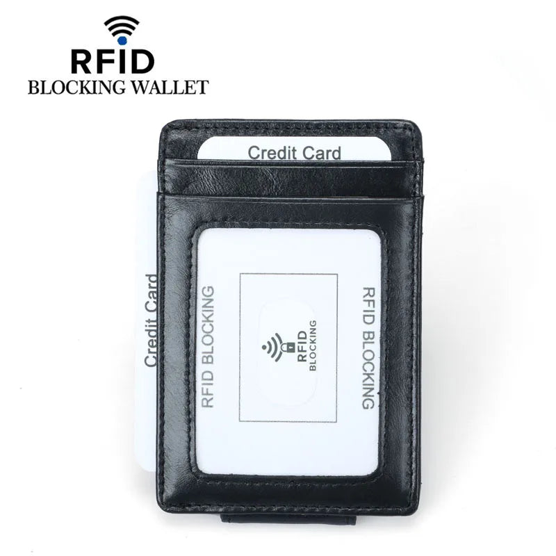 1st Layer Cowhide Credit Card Wallet Oil Wax Leather RFID Dollar Clip