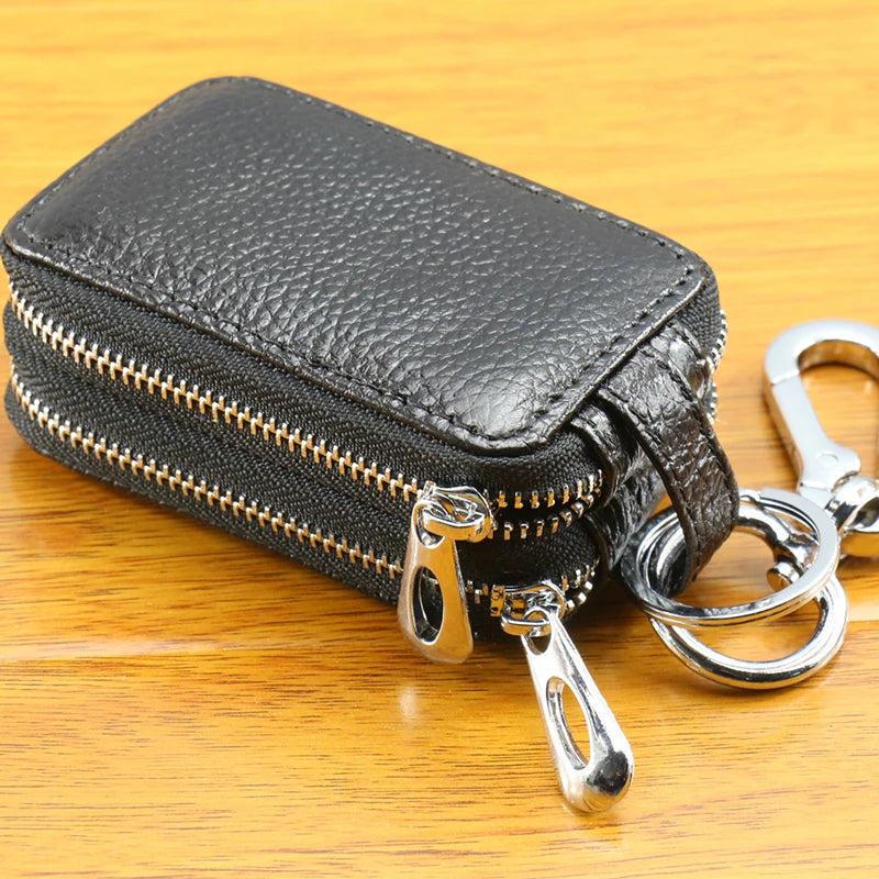 Double Zipper Leather Car Key Wallets Key Holder Keychain