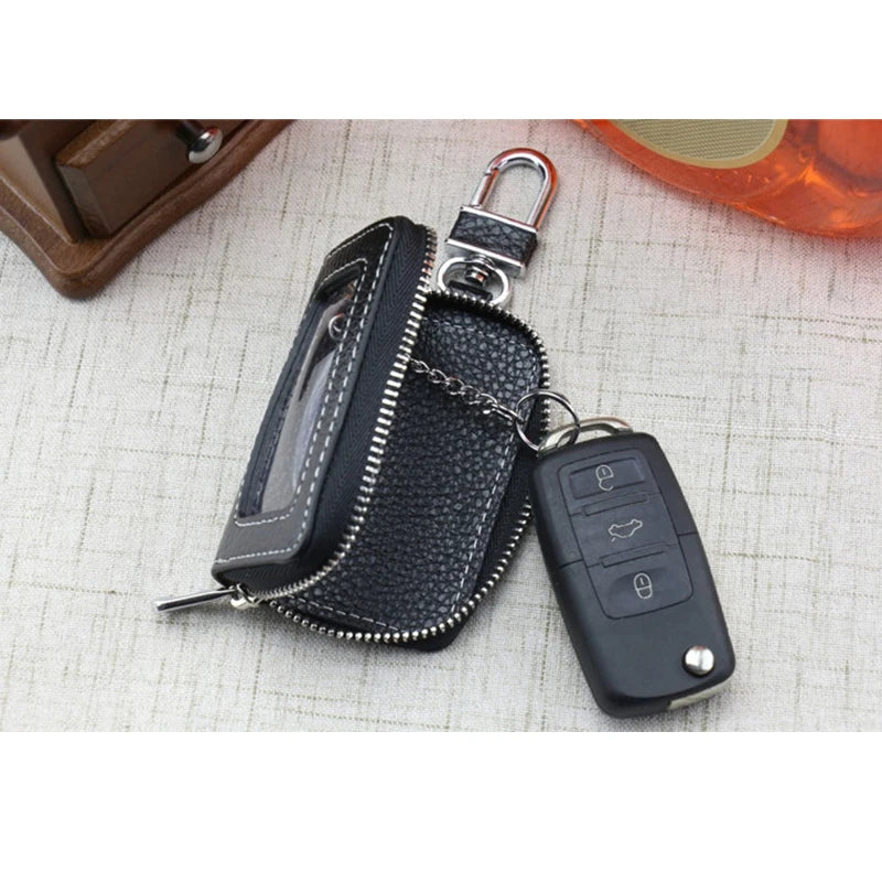 Leather Zipper Car Key Holder Minimalist Key Organizer Wallet
