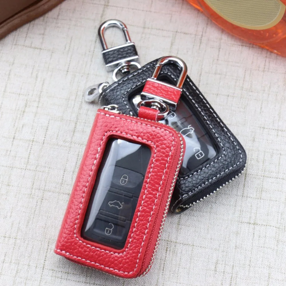 Leather Zipper Car Key Holder Minimalist Key Organizer Wallet