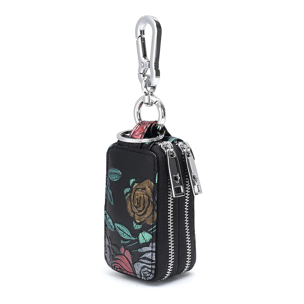 Dragonfly Fowers Animal Printing Embossed Car Key Wallet Double Zipper