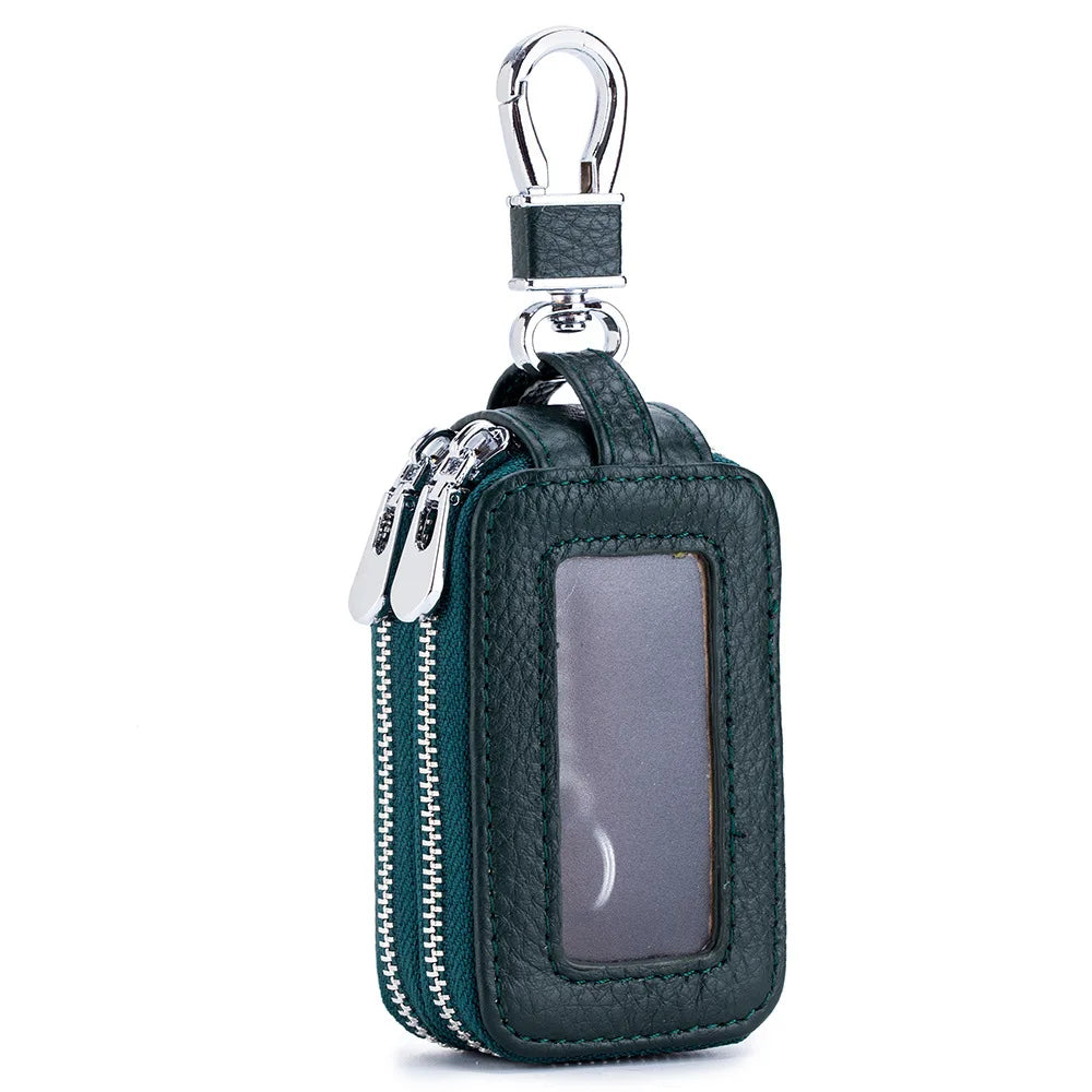 Litchi Cowhide Car Key Wallet Double Zipper Organizer Key Chain Holder