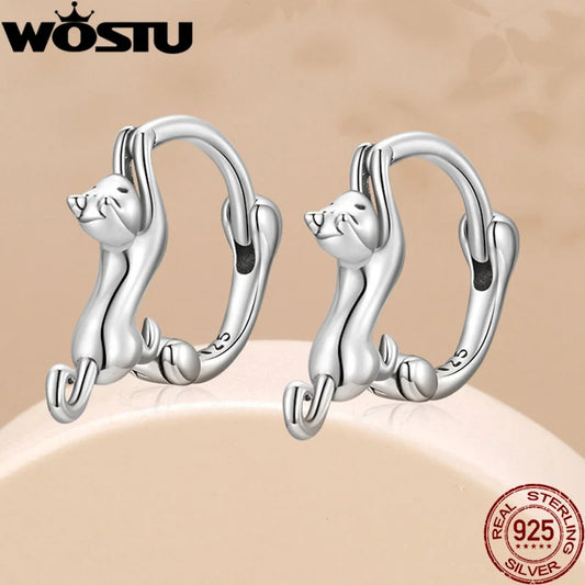 925 Silver Cat Stud Earrings Animal Hoop Aretes CQE1488