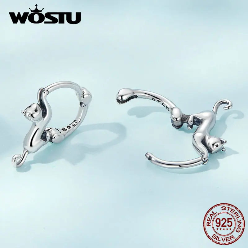 925 Silver Cat Stud Earrings Animal Hoop Aretes CQE1488