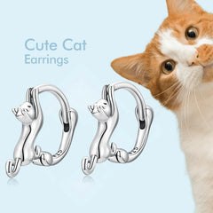 925 Silver Cat Stud Earrings Animal Hoop Aretes CQE1488