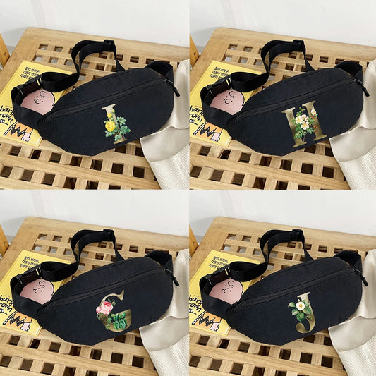 Canvas Fanny Pack Multifunctional Waist Bag Letter Golden Flower Print
