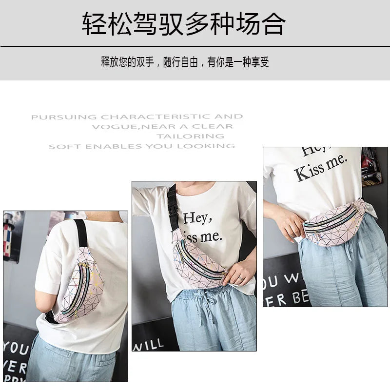 Waist Bags Women Pink Silver Female Belt Bag Geometric Travel Waist Packs