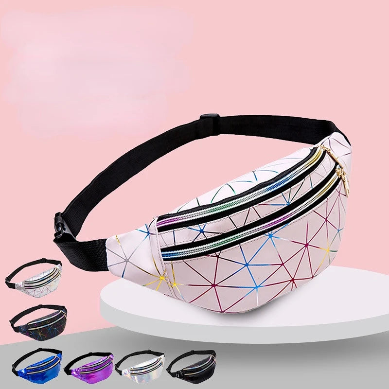Waist Bags Women Pink Silver Female Belt Bag Geometric Travel Waist Packs